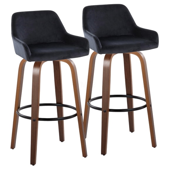 Walnut & Black Velvet Bar Stools Set of 2 with Swivel Seats and Metal Footrest