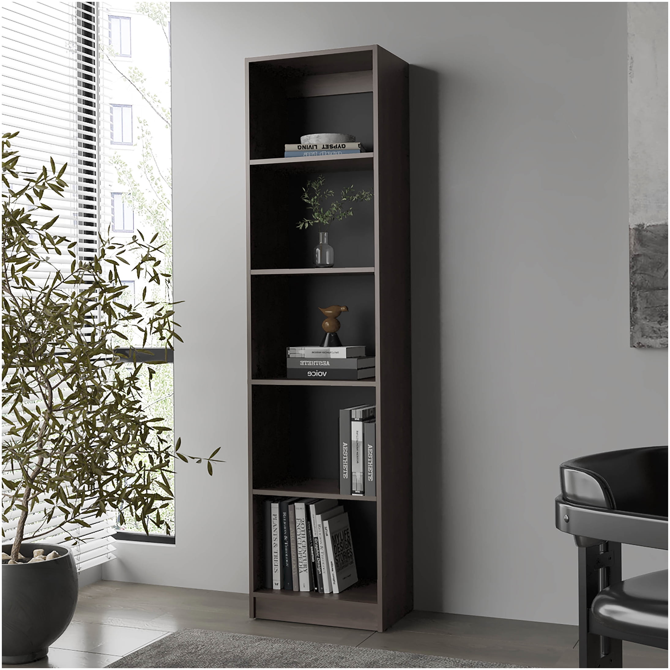 Walnut Bookcase with 5 Shelves, Open Storage Organizer Book Shelf for Living Room, Office, Study