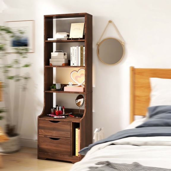 Walnut Bookshelf Nightstand 58" Tall | Multifunctional Nightstand with Bookshelf | Versatile Bedside Bookshelf for Bedroom, Living Room, or Apartment