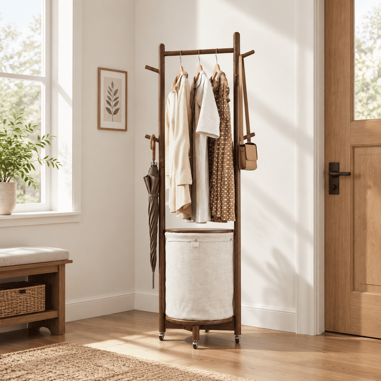 Coat Storage Rails Walnut Brown 15.7 Inches Solid Wood Freestanding Coat Rack with Storage ...