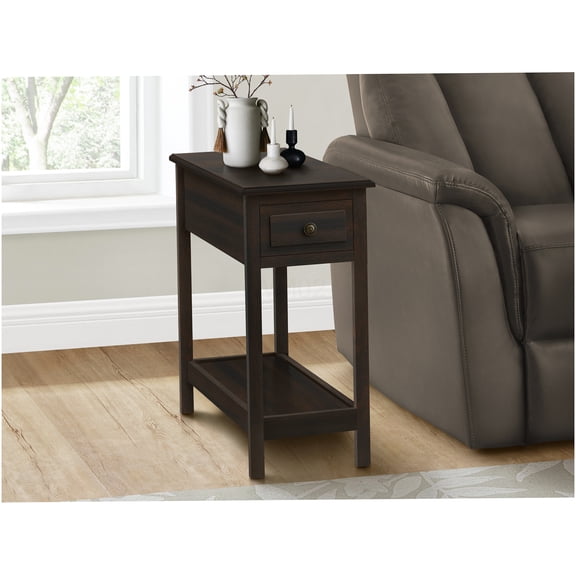 Walnut Brown 2 Tier End Table with Drawer, Narrow Accent Table for Living Room or Bedroom, Transitional Style Side Table with Storage Shelf