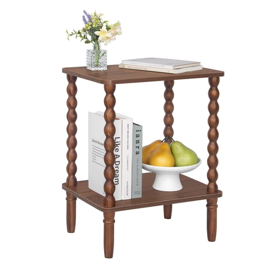 Walnut Brown 2-Tier Spindle Leg Side Table With Storage Shelf, Compact End