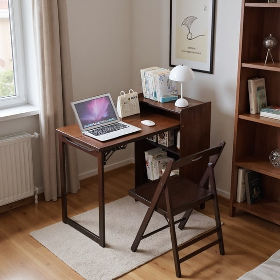 Walnut Brown Bamboo Folding Desk with Hidden Storage Small Space Computer Desk