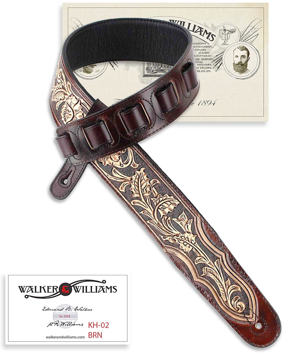 Walnut Brown Carving Leather Padded Guitar Strap With Hand Carved Traditional Western Tooling WW-KH-02-BRN