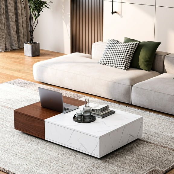 Walnut Brown Coffee Table With Two Storage Slots And Marble Look Modern In Rectangular Design