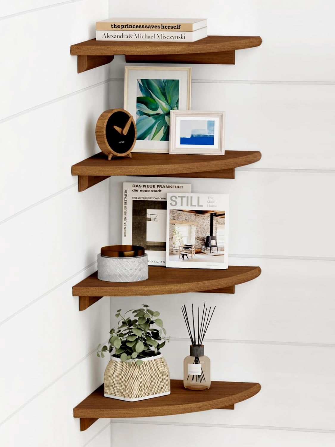 White Corner Floating Shelves for Wall Set of 4, Rounded Corner Shelves Wall Mounted for Kids Bedroom Books, Cute Wood Hanging Corner Shelf for Bathroom Decor, Living Room, Small Spaces