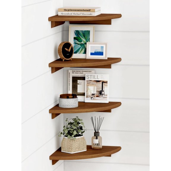 Walnut Brown Floating Corner Shelves for Wall 4-Pack, Small Corner Wall Shelves for Kids Room, Cute Wooden Hanging Corner Shelf for Bedroom Bathroom Decor, Living Room, Small Spaces