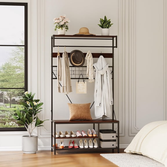 Walnut Brown Freestanding Hall Tree with Bench, Coat Rack & Shoe Storage