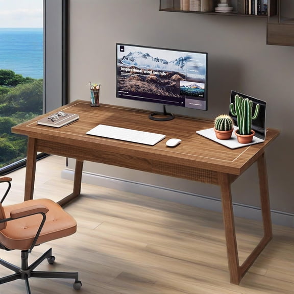 Walnut Brown Mid Century Modern Office Desk with Drawer Solid Wood Legs