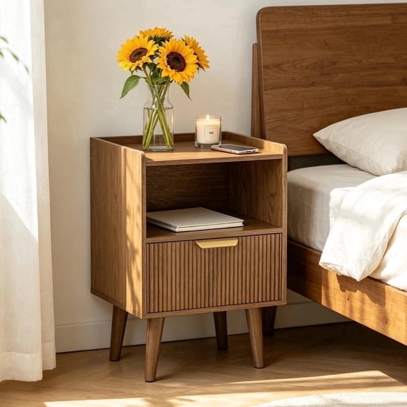 Walnut Nightstand with Fluted Drawer, Mid-Century Modern Wood Nightstand, Wooden Bedside Table with Gold Handle & Tapered Legs, Accent Side Table for Bedroom, Living Room, Walnut Brown