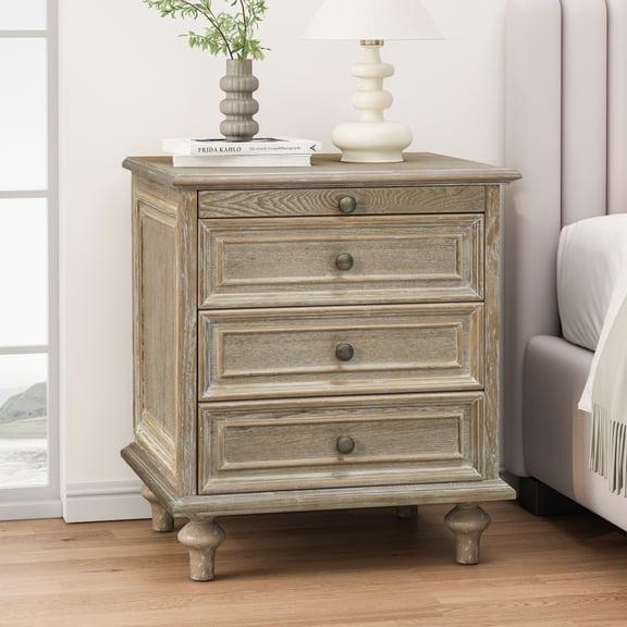 Walnut Brown Nightstand with 4 Drawers, Farmhouse End Table - Pull-Out Shelf