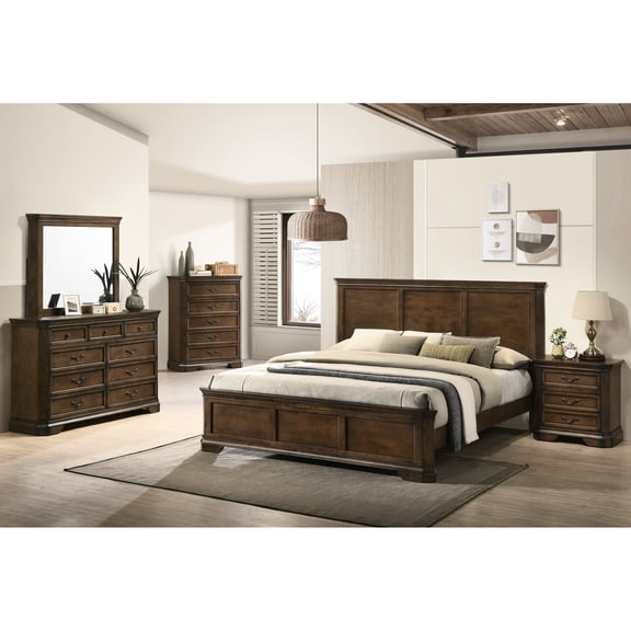 Walnut Brown Queen Bedroom By Traditional: Bed, Dresser, Mirror, Nightstand, Chest 5 In For Queen: Traditional With