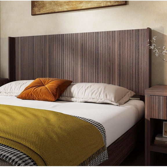 Walnut Brown Wooden Queen Size Wall Mounted Headboard with Fluted Panel and Wingback Design