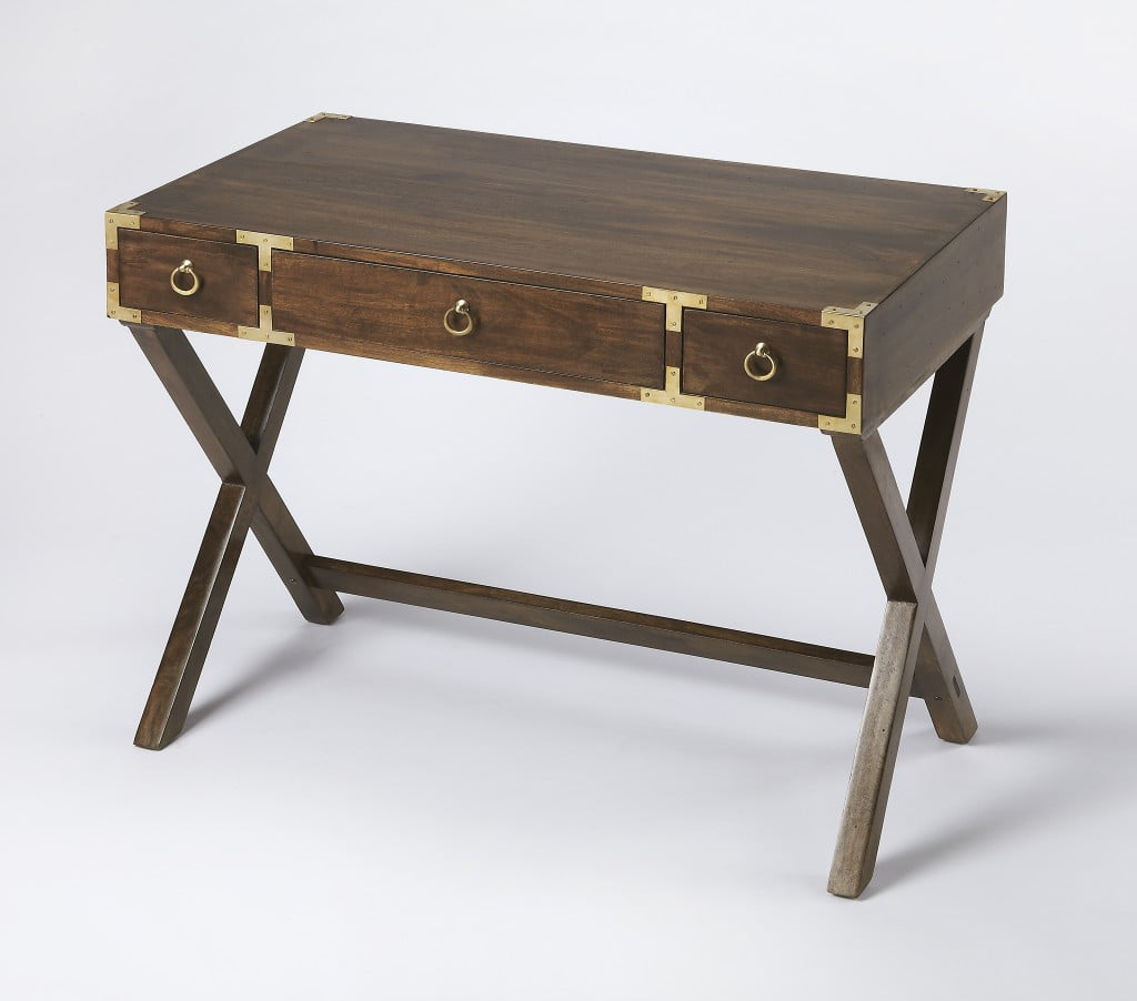 Transitional Walnut Brown Writing Desk with Drawer and Brass Accents
