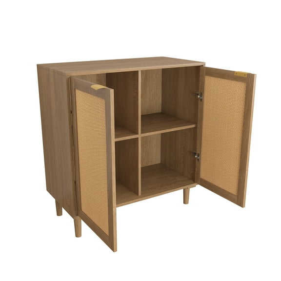 Walnut Buffet Sideboard with Storage Synthetic Rattan Decor Doors & Solid Wood Feet, Accent Cabinet for Hallway, Entry, Living Room