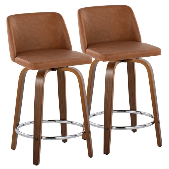 Walnut & Camel Swivel Counter Stools, Set of 2 with Chrome Footrest