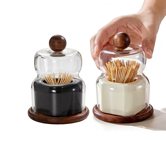 Walnut & Ceramic Toothpick Holder - Elegant Cloche Design Handcrafted Tabletop Decor for Dining Table Kitchen Office Desk Oriental Home Decoration Gift