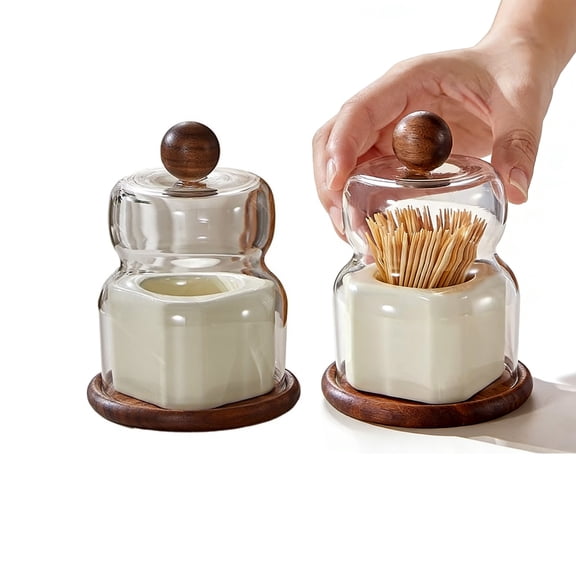 Walnut & Ceramic Toothpick Holder - Elegant Cloche Design, Handcrafted Tabletop Decor for Dining Table, Kitchen, Office - Oriental Home Decoration Gift