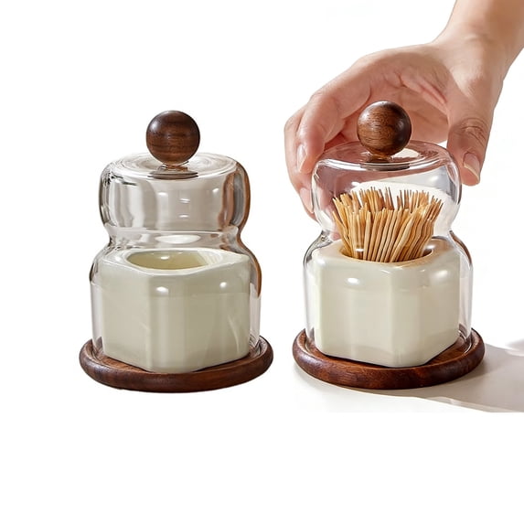 Walnut & Ceramic Toothpick Holder - Elegant Cloche Design, Handcrafted Tabletop Decor for Dining Table, Kitchen, Office - Oriental Home Decoration Gift
