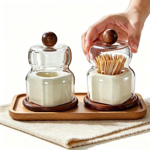 Walnut Ceramic Toothpick Holder with Glass Cloche - Handcrafted Tabletop Decor for Dining Table, Kitchen, Office - Oriental Home Decoration Gift, Compatible with Standard Toothpicks