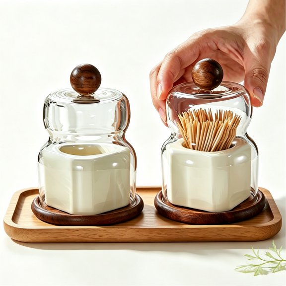 Walnut Ceramic Toothpick Holder with Glass Cloche - Handcrafted Tabletop Decor for Dining Table, Kitchen, Office - Oriental Home Decoration Gift, Compatible with Standard Toothpicks