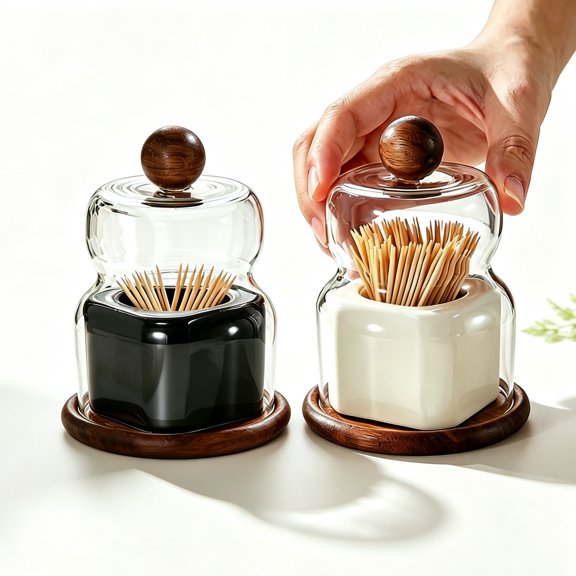 Walnut Ceramic Toothpick Holder with Glass Cloche - Handcrafted Tabletop Decor for Dining Table, Kitchen, Office - Oriental Home Decoration Gift, Compatible with Standard Toothpicks