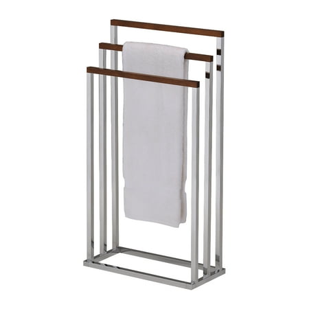 Pilaster Designs Preston Transitional Freestanding Bathroom Towel Rack Organizer - Chrome Metal and Walnut Wood