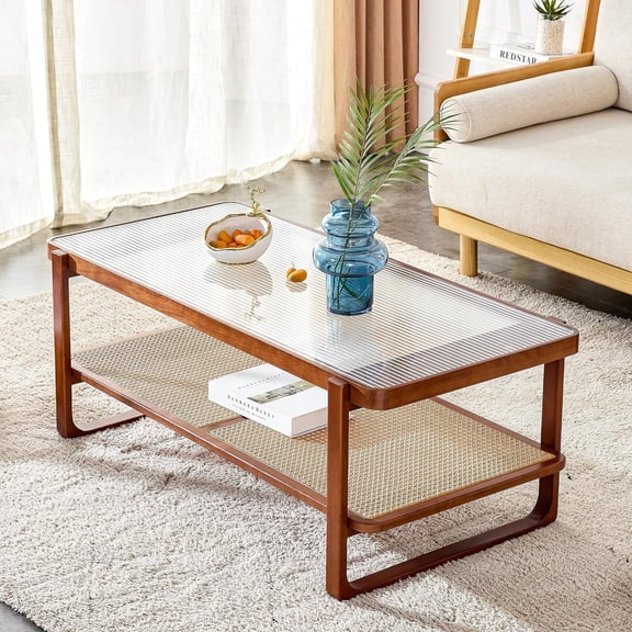 Walnut Coffee Table with Craft Glass Top, Mid-Century Modern Rattan Coffee Table 2-Tier Glass Wood Coffee Table with Storage for Living Room, Dining Room,Bedroom