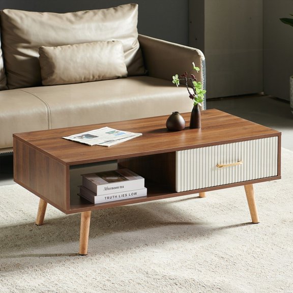 Walnut Coffee Table for Living Room, Solid Wood Legs & Sliding Drawer, 220lbs Capacity