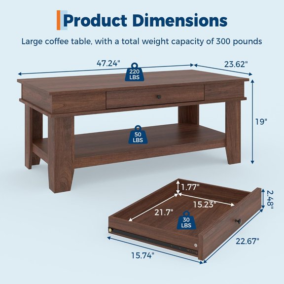 Walnut Coffee Table with Drawer, 47.2 Center Table with Storage Shelf