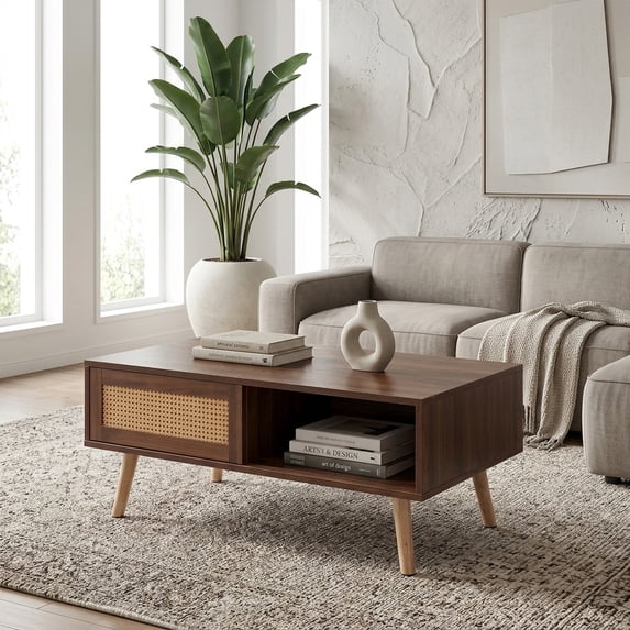 Walnut Coffee Table with Sliding Door Storage and Solid Wood Legs