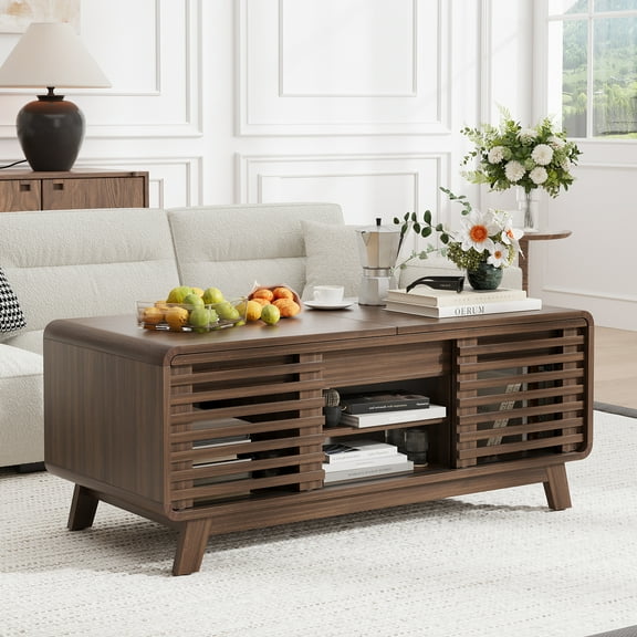 Walnut Coffee Table with Sliding Top and Storage, Wooden 47" Mid-Century Coffee Center Table with Sliding Doors for Living Room