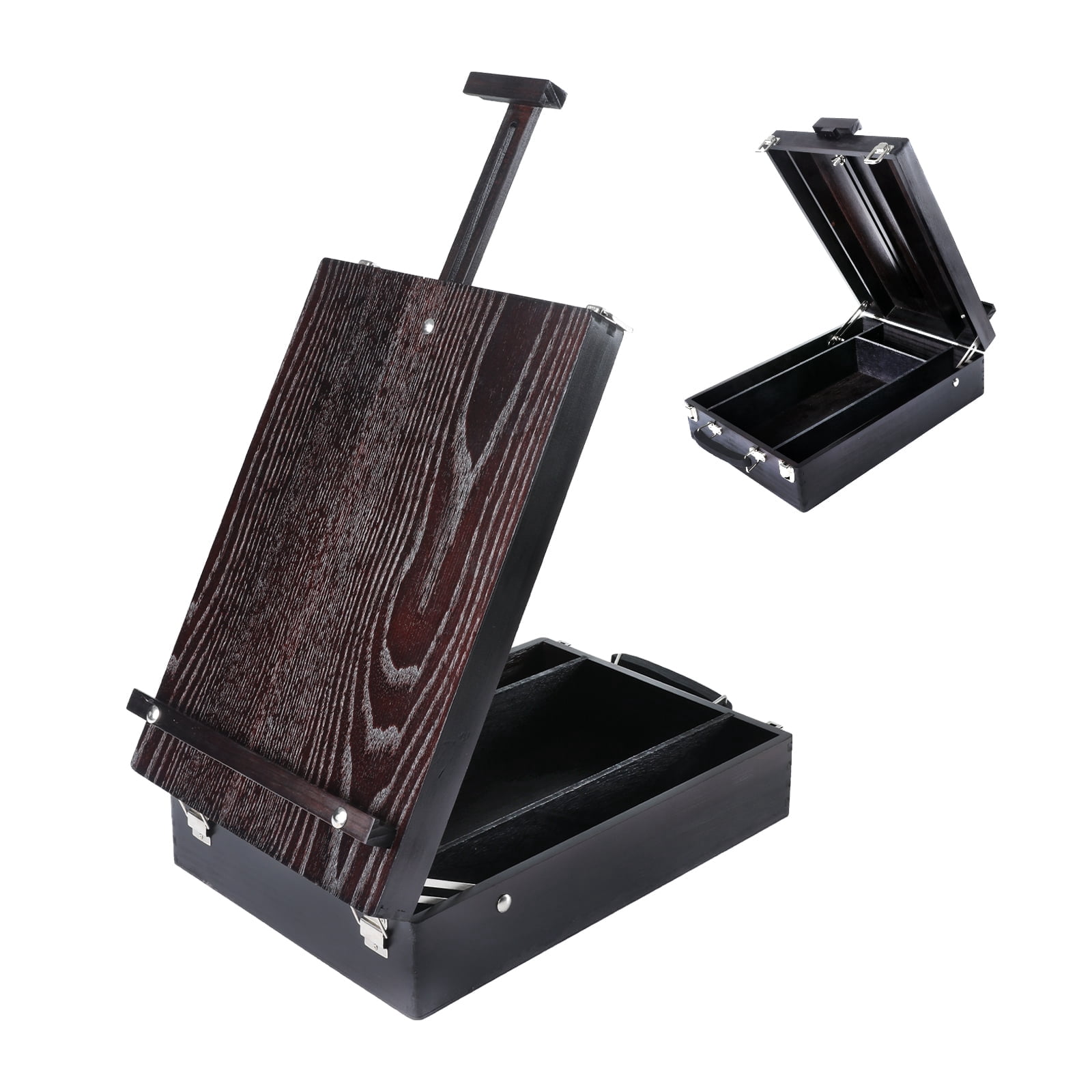 Artkey Walnut Color Artist Tabletop Box Easel, Radiata Pine Wood Painting Easel with 4 Storage Compartments,Portable Art Supply Box with Carry Handle, 1 Pack