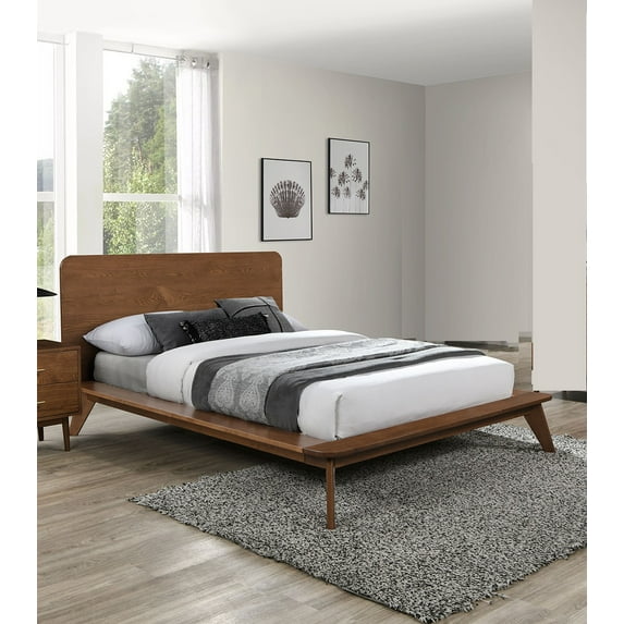 Walnut Full Size Platform Bed Frame - Solid Wood & Veneer, Mid-Century Modern Bedroom Furniture, Mattress Ready, 57.5"W x 80"D, Tapered Legs