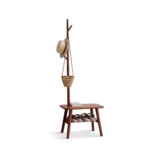 (Walnut Color) Natural Solid Wood Shoe Stool With Cloth Hanger, Mid-Century Modern Storage Bench with High Rebound Sponge Cushion for Entryway and Living Spaces