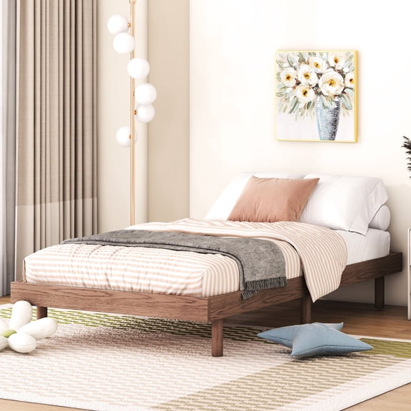 Walnut Color Twin Floating Bed/Enhance Bedroom's Modern Appeal