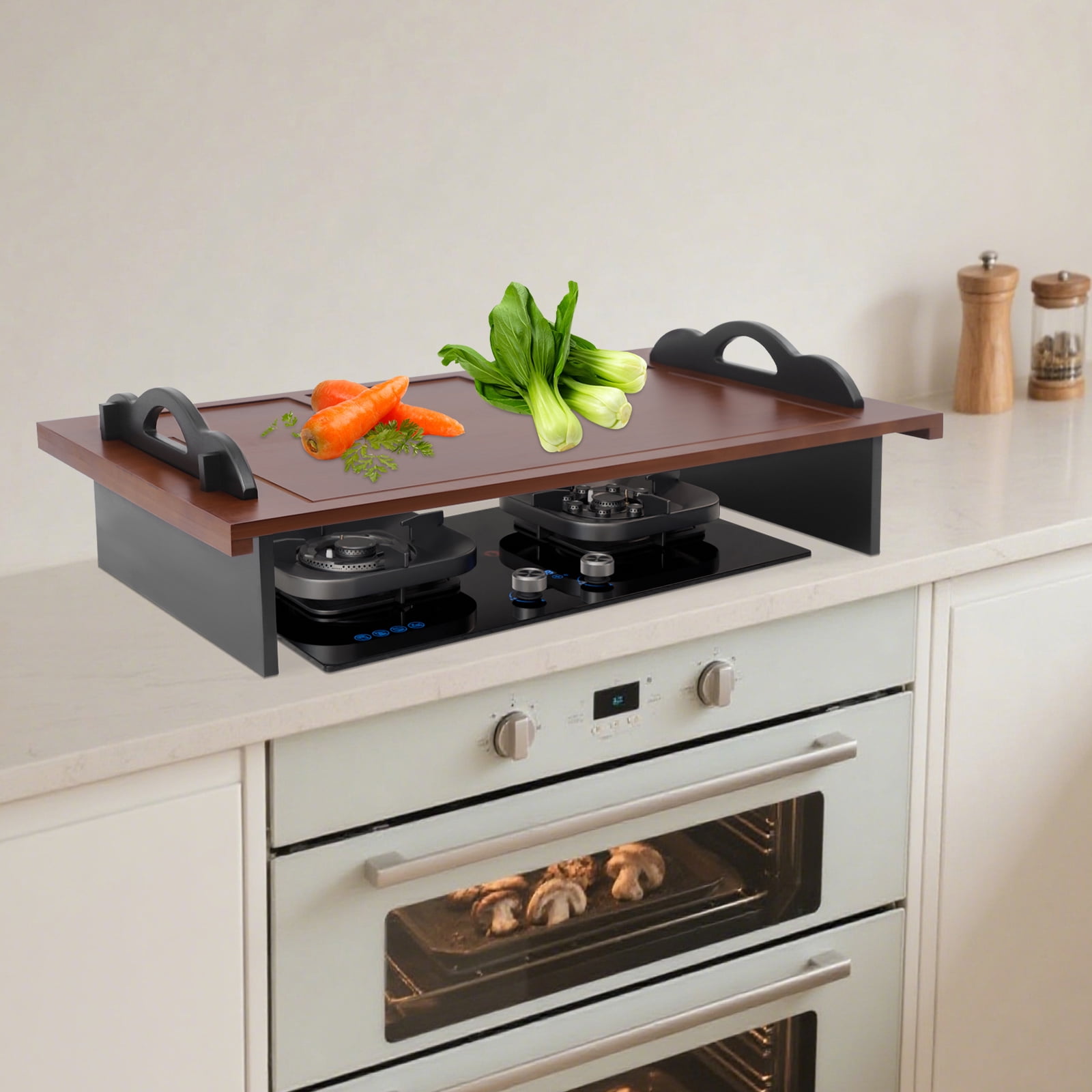 Walnut-Colored Bamboo 33.5x21.9-Inch Stove Cover, Overflow-Proof Guide Groove Cover And Multifunctional Cutting Board