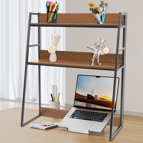 Walnut-Colored MDF Steel Frame 75*32*90cm 3-Layer Shelf Trapezoidal Desktop Storage Shelf Monitor Bookshelf