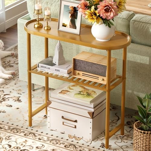 Walnut Console Table Small Bamboo 30.7", Narrow Entryway Table Oval Top 2-tier, Small Hallway Table with Anti-fall Edge, 5min Easy Assembly, Sofa Side Table , Bedroom TV Stand, Outdoor Plant Stand