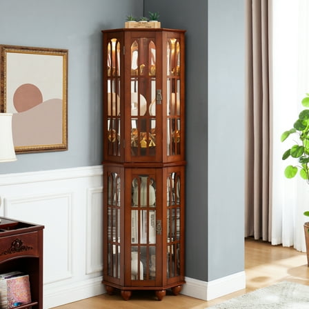 Walnut Corner Curio Cabinet With Acrylic Mirrored Back Panel And 4 Adjustable Tempered Glass Shelves 70"h