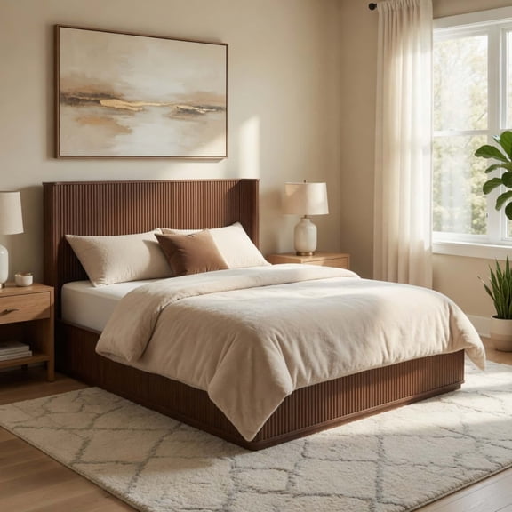 Walnut Corrugated Wave Wood Headboard Platform Bed Frame, 44" Tall Headboard Queen Size Bed, Modern Minimalist, No Box Spring Needed, Easy Assembly