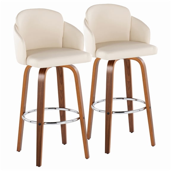 Walnut & Cream Bar Stool Pair with Swivel Seat, Chrome Accent Footrest for Kitchen Island
