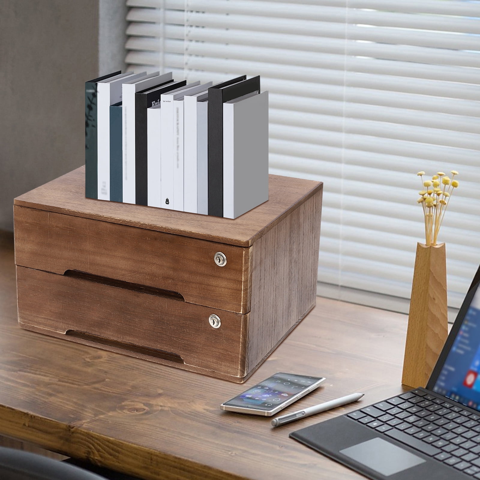 Walnut Desktop Storage Cabinet with 2 Lockable Drawers, Eco-Friendly ...
