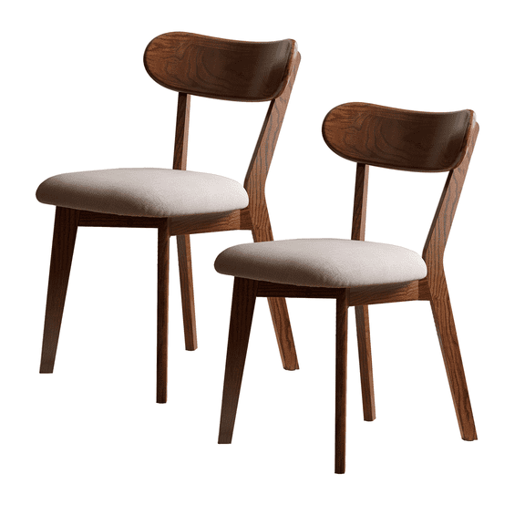 Walnut Dining Chairs Set of 2 400 lb Capacity Heavy Duty, Mid Century Modern Wooden Curved Back & Upholstered Seat, Solid Oak Wood, Armless for Kitchen, Breakfast Nook, Small Space