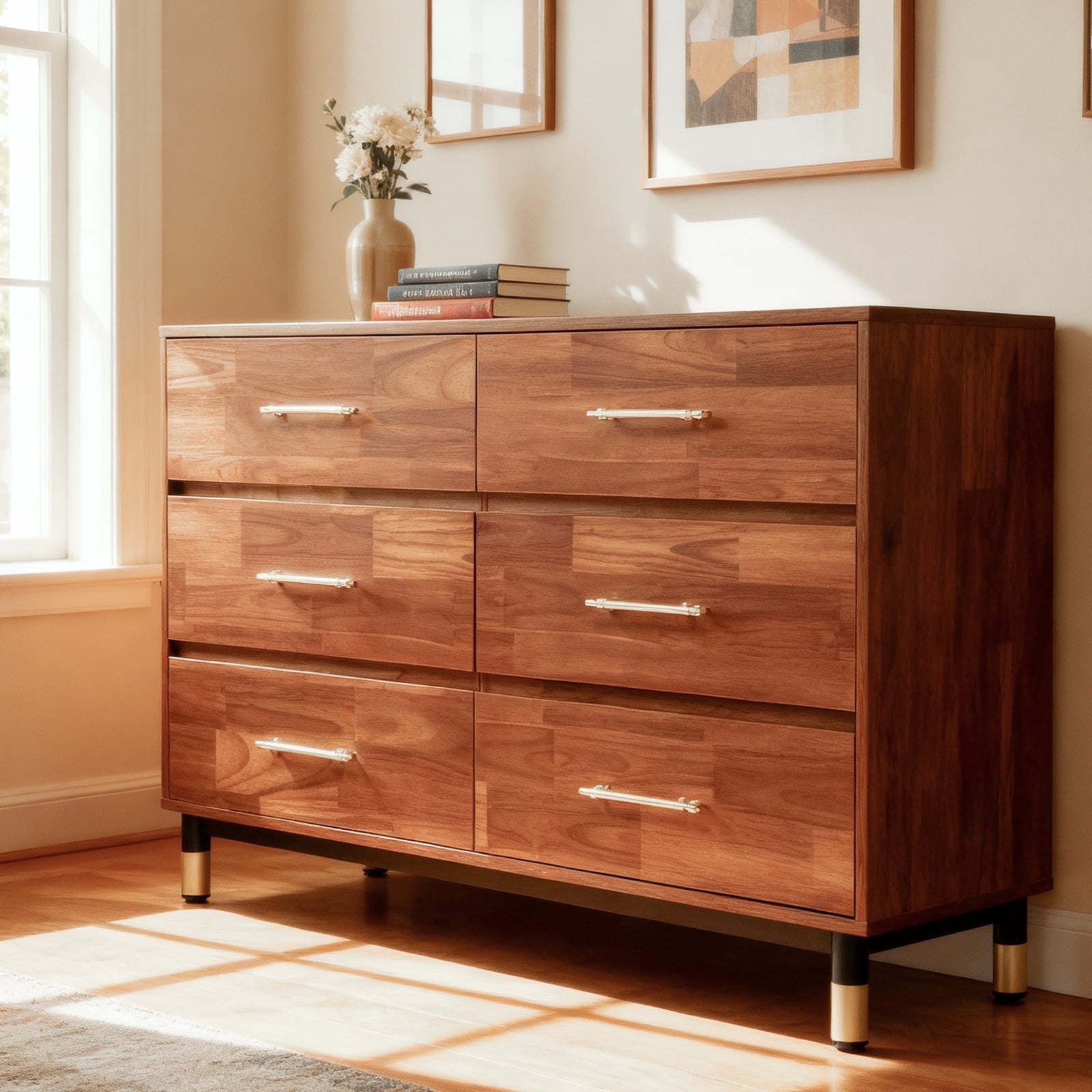 BERRY NEST Walnut Dresser for Bedroom, 6 Drawer Brown Wood Dresser with Modern Storage Organizer, Wide Chest of Drawers for Closet, Clothes, Living Room