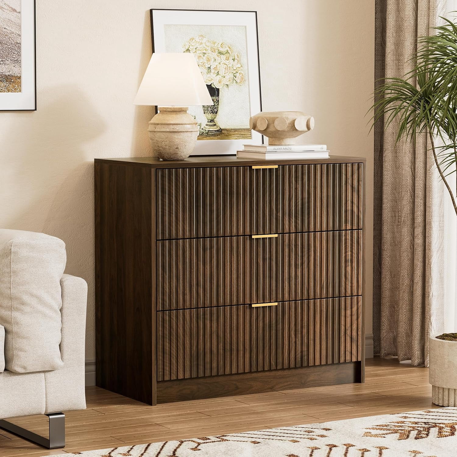 Walnut Dresser for Bedroom, Modern Dresser with 3 Drawers and Smooth Slides, Wide Chest of Drawers with Golden Handles for Bedroom, Living Room, Closet, 15.7" D x 31.5" W x 29.6" H