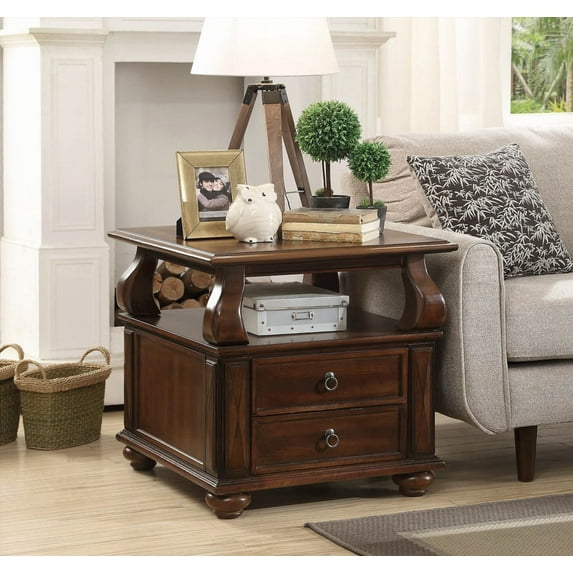 Walnut End Table with 2-Drawer Storage and Inviting Walnut Finish