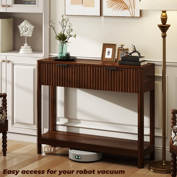 ECOBUY Console Table with 2 Drawers & Open Shelf, Walnut Finish Engineered Wood, Fluted Mid-Century Design, 39.3 in L x 11.6 in W x 32 in H