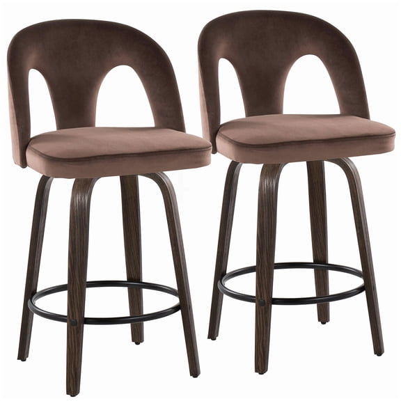 Walnut & Espresso Velvet Swivel Stools - Counter Height Set of 2 with Black Foot Ring