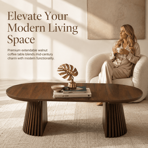 Walnut Extendable Coffee Table, Oval Center Table, 31.5-55.1 in